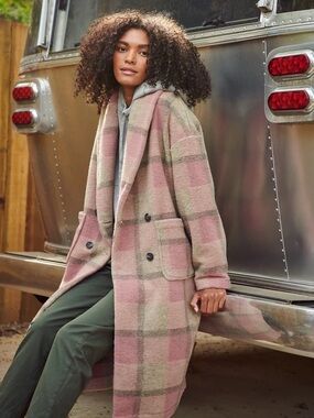 XIRENA Pink Plaid Long Double-Breasted Coat